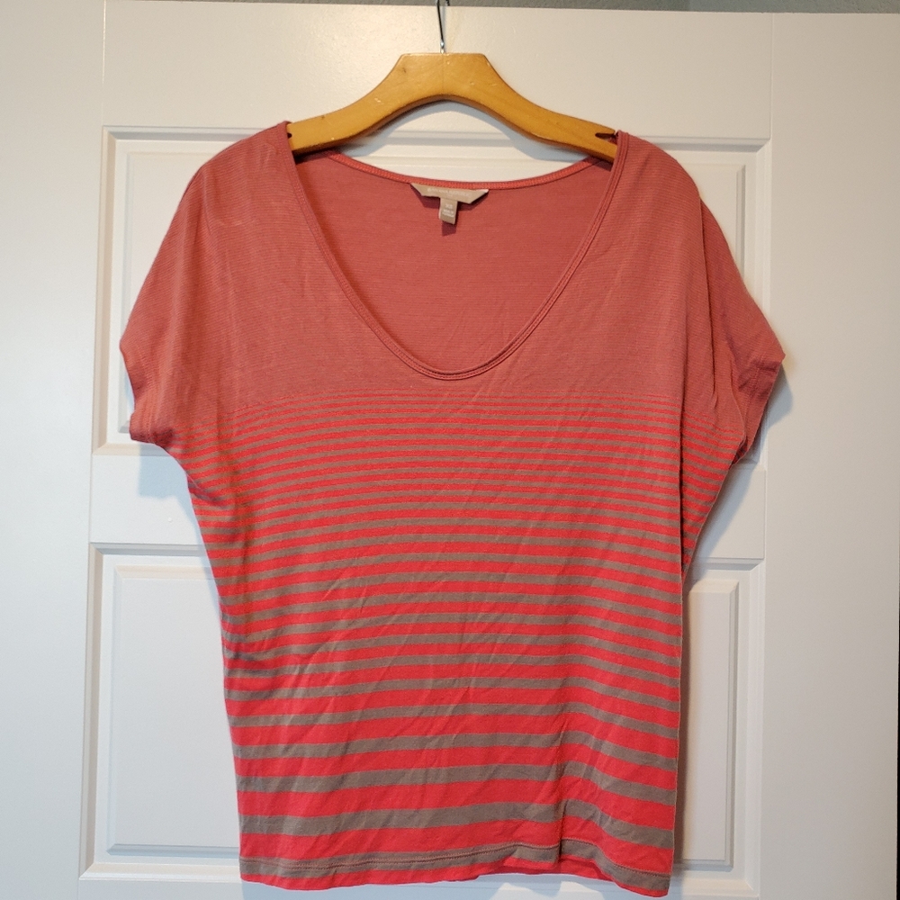 Banana Republic Coral/Grey Striped Scoop Neck Tee